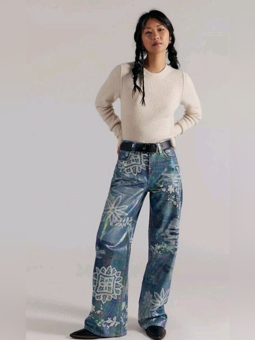 We The Free People Tinsley Printed High-Rise Illusions Jeans 28 Wide Leg